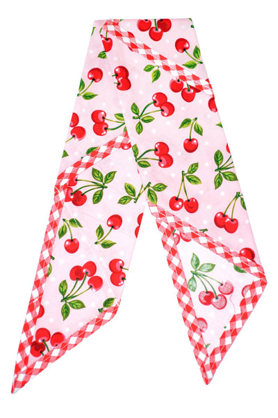 Pink Cherry Dots Rosie Bandana with cherry print fabric and red gingham trim, vintage-inspired hair accessory by Lil' Lou Lou.