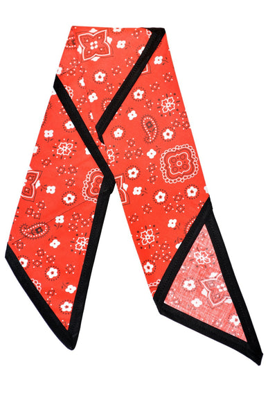 Red paisley Rosie Bandana hair wrap with black trim displayed flat to show the vintage-inspired print.