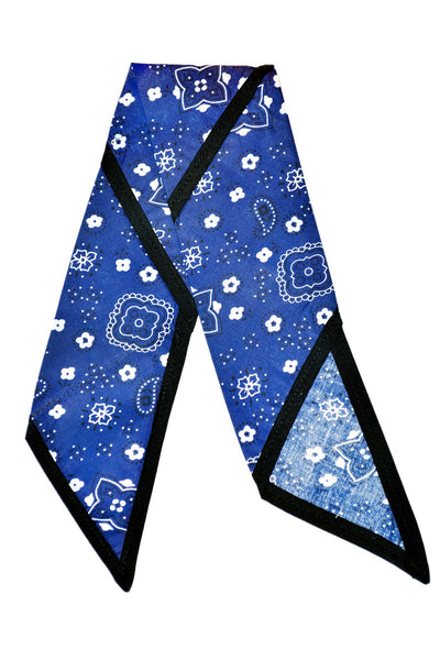 Vintage-inspired True Blue Rosie Bandana featuring blue paisley fabric and black trim.