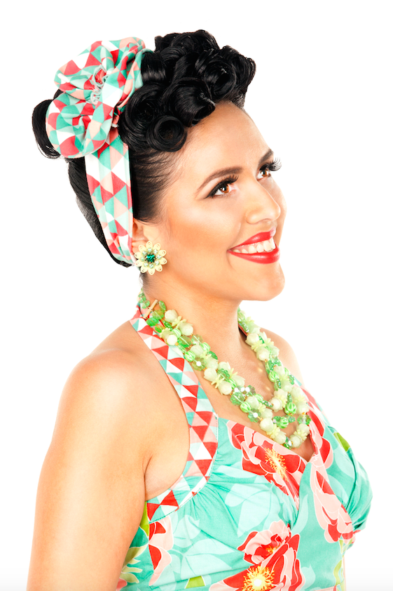 Model wearing the Triangle Aqua Turban Headband with a vintage updo hairstyle and tropical retro outfit.